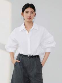 Dazy-Less Casual & Business Loose Solid Color Design Back Button Long Sleeve Blouse For Women