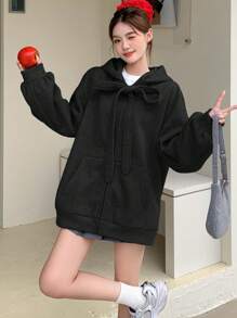 DAZY Women's Hooded Solid Color Bow Decor Long Sleeve Sweatshirt,Fall Women Clothes Jacket - Black - View 4