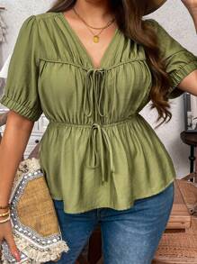 Flirla 大码女式优雅别致 V 领 A 字形蝴蝶结装饰短袖衬衫，通勤休闲度假装，春夏 - 綠色 - 查看 4