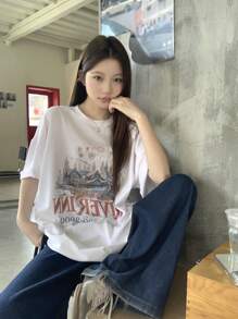 DAZY 女式圆领休闲逼真印花短袖 T 恤图案 T 恤，教师服装