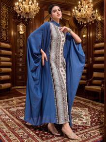 Al Najma Women's Elegant Jacquard Patchwork  Long Turkish Long Dress & Arabic Traditional Long Dress Dress  Arabian Kaftan & Jalabiya - Blue - View 4