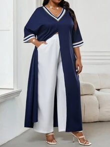 SHEIN Lady ثوب واحد كاجوال أنيق مبطن أزرق غامق بأكمام قصيرة مفتوقة بتصميم صيفي ربيعي. بدلة زفاف موسمية لست بحجم كبير. ملابس شاطئ وأجازات للسيدات. مجموعات الراحة للشاطئ. ملابس الكنيسة للسيدات. ملابس ربيعية للسيدات - متعدد الألوان - مشاهدة 3