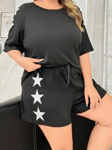 Raglan Sleeve Simple Star Print Casual Comfy Pullover Pajama Set - Black - View 1