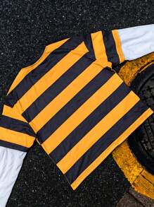 Manfinity EMRG Camiseta de manga larga con estampado de rayas y empalme Manfinity Streetrush para hombre, ropa urbana de manga larga con bloqueo de color a rayas y empalme 2 en 1