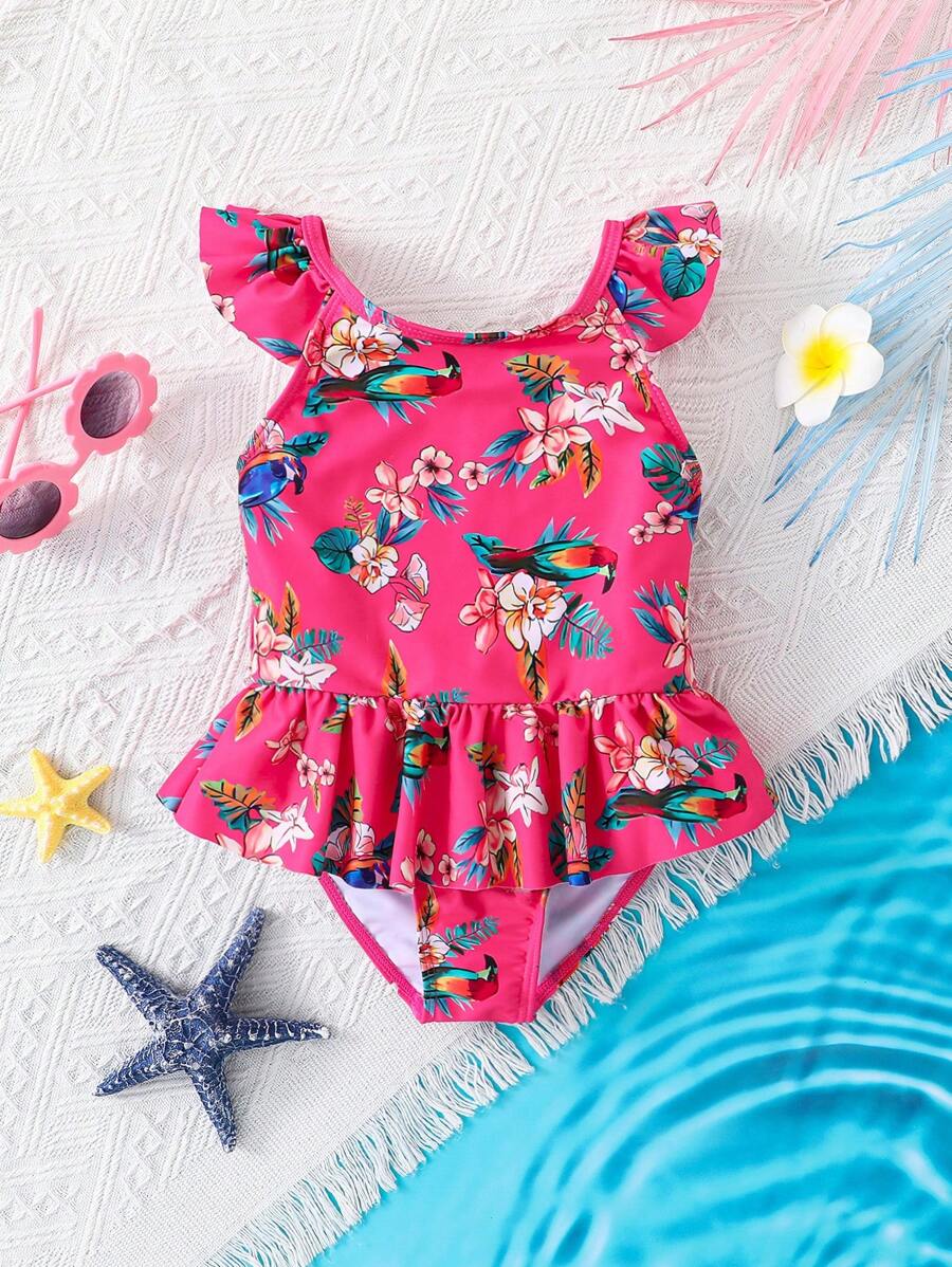 SHEIN Young Girls' Ruffle Trim One-Piece Swimsuit - Red - View 1