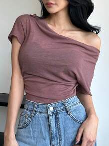 DAZY Women's Solid Color Off Shoulder Ruched Slim Casual T-Shirt