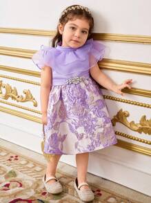 SHEIN Leap Crew Baby Girl Sweet Shoulder Attach Waisted Mid-Length Dress - Pink - View 5