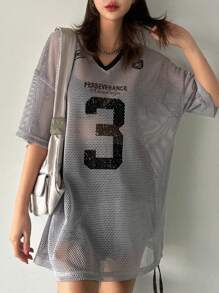 DAZY Camiseta deportiva de manga corta holgada con estampado de números para mujer