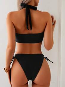 SHEIN Swim Springbreak Women Solid Color Elegant Cross Front Lace-Up Bikini Set Swimwear - Black - View 2