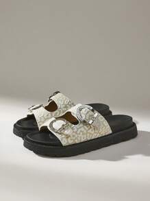 Solecia Sandalias de diapositiva retro con suela gruesa, de tejido versátil y de moda para el verano, de punta abierta para mujeres - Beis - Ver 2