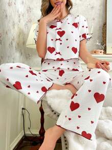 心形印花蕾丝拼布短袖上衣和长裤女式睡衣套装