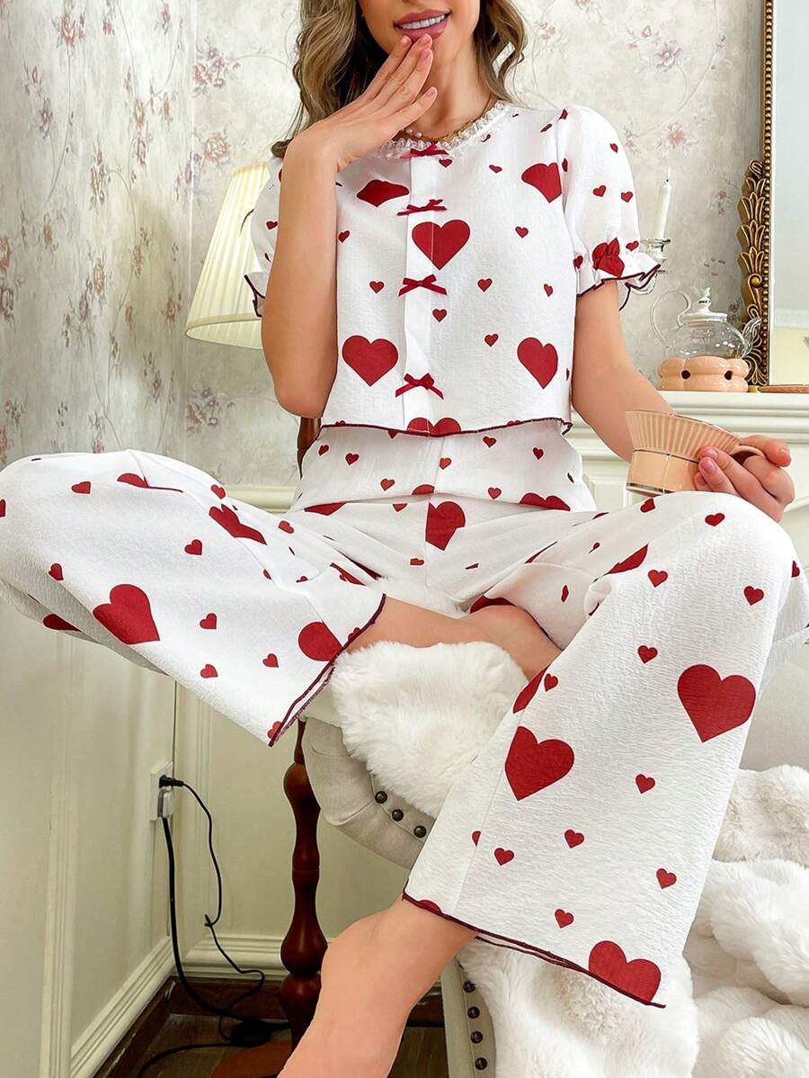 心形印花蕾丝拼布短袖上衣和长裤女式睡衣套装