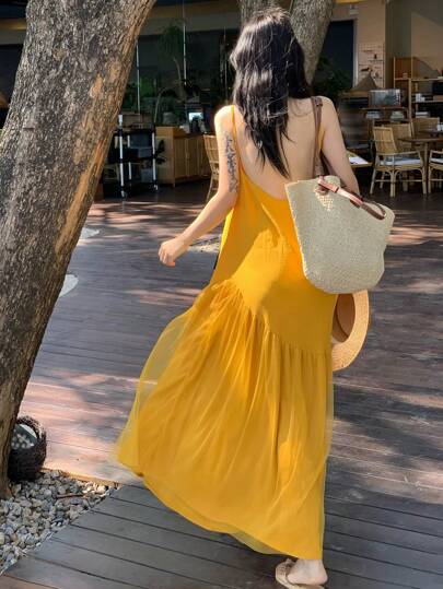 DAZY Solid Color Pleated Slip Dress Backless Bohemian Style Summer Women's Dress,Casual Women Dresses