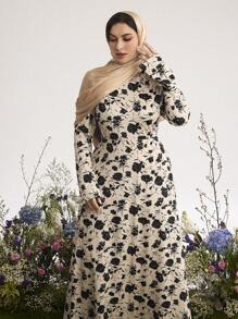 Graceveil 大码女式圆领长袖花卉印花休闲连衣裙 - 彩色 - 查看 3