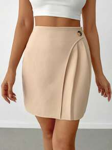 SHEIN PETITE Women's Button Detailed Pleated Skirt - Apricot - View 3