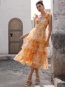 EMERY ROSE Váy voan họa tiết hoa thiết kế dây mảnh thanh lịch dành cho kỳ nghỉ và đi làm, có nơ và viền bèo nhún, phong cách thời trang bãi biển Boho mùa hè cho mùa xuân thu - Nhiều màu - Xem 1