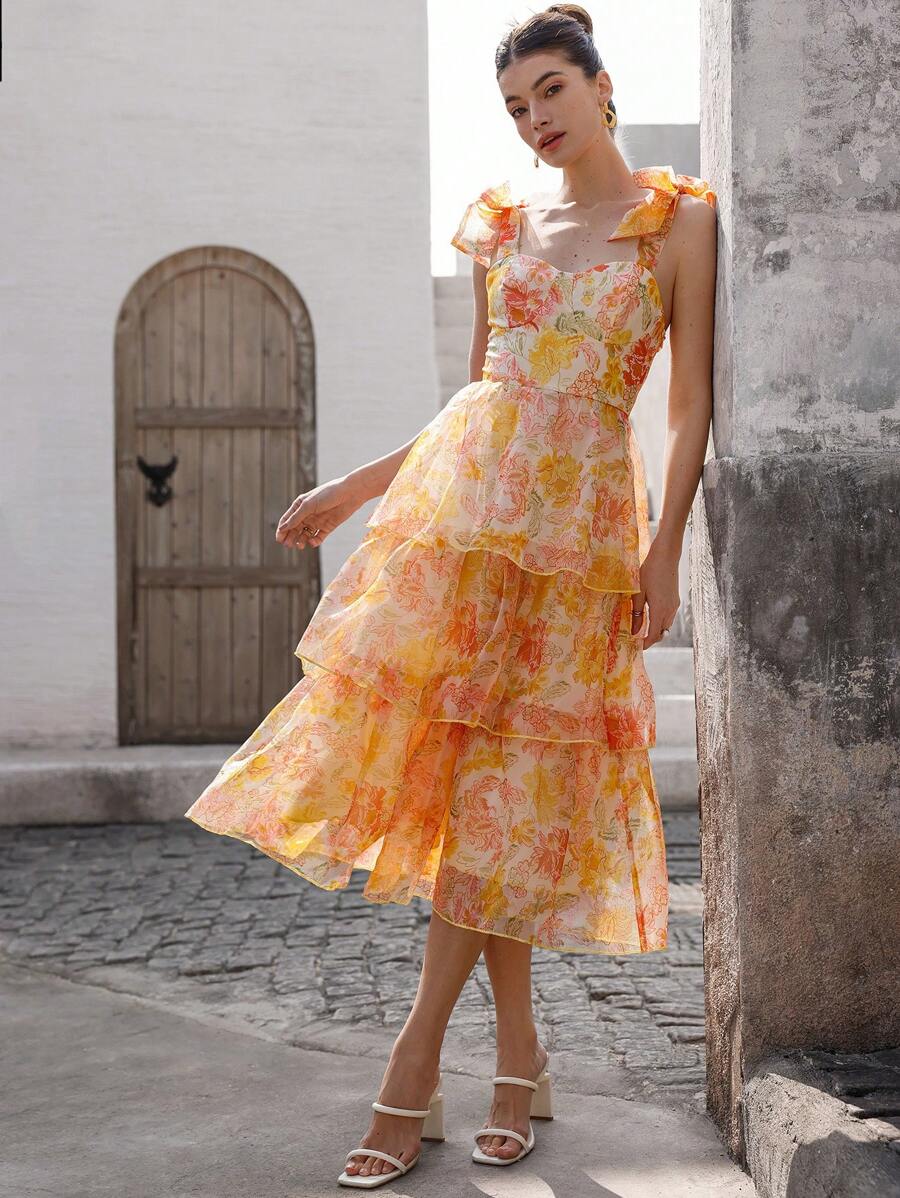 EMERY ROSE Váy voan họa tiết hoa thiết kế dây mảnh thanh lịch dành cho kỳ nghỉ và đi làm, có nơ và viền bèo nhún, phong cách thời trang bãi biển Boho mùa hè cho mùa xuân thu - Nhiều màu - Xem 1