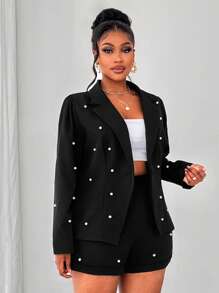 Maweii Plus Size Vrouwen Elegante Handgemaakte Parel Kralen Revers Lange Mouw Blazer Jas En Shorts Set