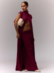 MUSERA High Neck Longline Split Front Top Vacation Fall Autumn Spring Summer Holiday - Burgundy - View 4