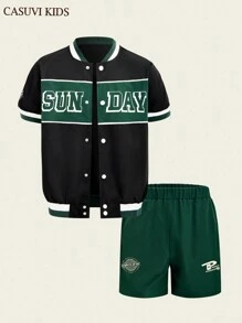 SHEIN Explorewe 2pcs/Set Teenager Boys' Sporty Patchwork Pattern Baseball Collar Short Sleeve Shirt And Shorts Set, New Design - Black - View 9
