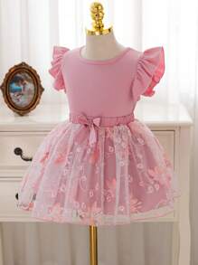 SHEIN Glamorique Kids 2 件装年轻女孩优雅盖袖上衣和刺绣网眼蝴蝶结装饰裙套装，适合派对、聚会、郊游、度假、夏季 - 粉色 - 查看 5