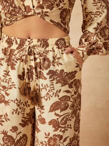 Christian Allana 设计师波西米亚风波西米亚风米色轮廓花卉印花松紧腰阔腿休闲裤，节日 - 彩色 - 查看 2