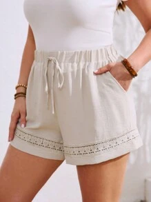 SHEIN LUNE Women's Casual Woven Solid Elastic Waist Bowknot Floral Trim Pocket Loose Plus Size Shorts, Summer - Apricot - View 3