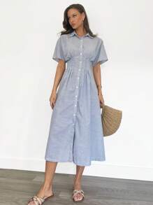 Siren Gaze 女士休闲通勤条纹腰衬衫裙 - 藍白色 - 查看 3