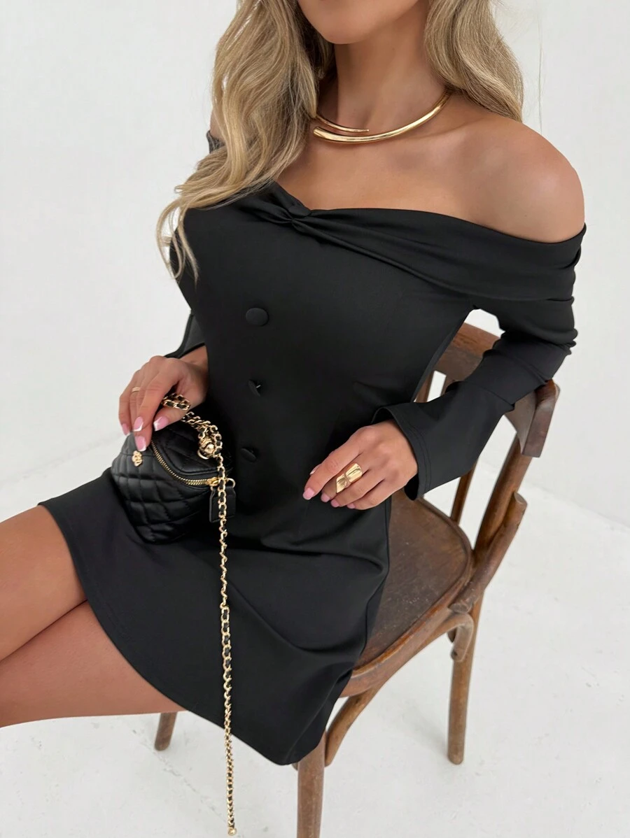 Aloruh Office Lady Off Shoulder Ruched Button Decor Bell Sleeve Mini A-Line Dress - Black - View 1