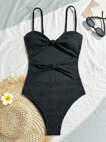 SHEIN VCAY Đồ bơi một mảnh hở tay màu trơn tối giản dây mảnh mảnh cho nữ, dành cho kỳ nghỉ hè ở bãi biển - màu đen - Xem 1