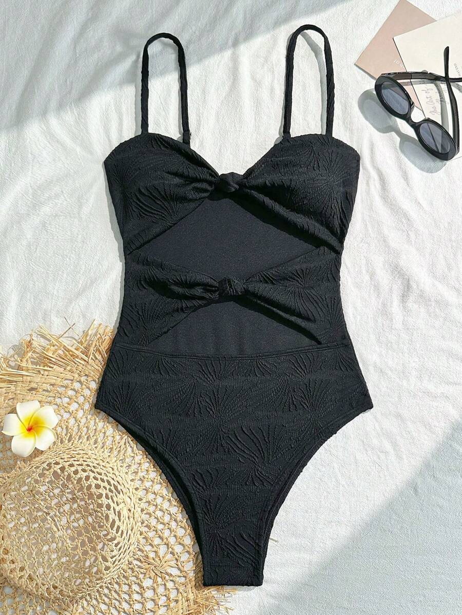 SHEIN VCAY Đồ bơi một mảnh hở tay màu trơn tối giản dây mảnh mảnh cho nữ, dành cho kỳ nghỉ hè ở bãi biển - màu đen - Xem 1