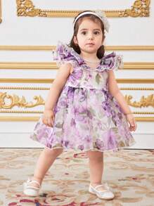 SHEIN 女婴花卉印花欧根纱荷叶边夏季连衣裙/派对连衣裙 - 紫色 - 查看 4
