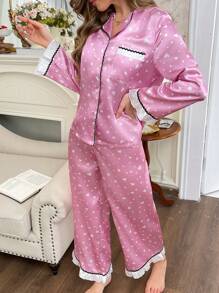 浪漫优雅心形图案撞色蕾丝花边女式睡衣套装 - 粉色 - 查看 4