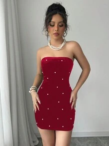 Elenzga Black Strapless Pearl Waist Velvet Material Elegant Romantic Women's Dress