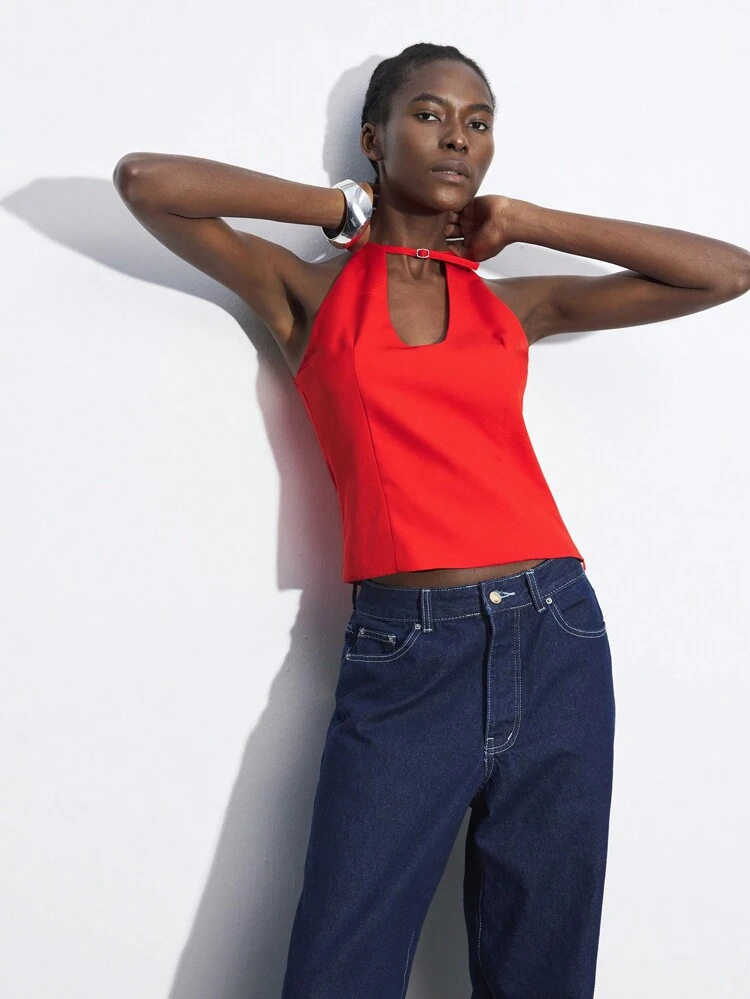 SHEIN Maija Women's Red Cutout Adjustable Neck Design Versatile Summer Stylish Fashion Sense Soft Comfortable Slim Fitted Sleeveless Halter Top With U-Shaped Neckline And Waist Gathering Old Money Concert Women Wedding Guest Women Modest