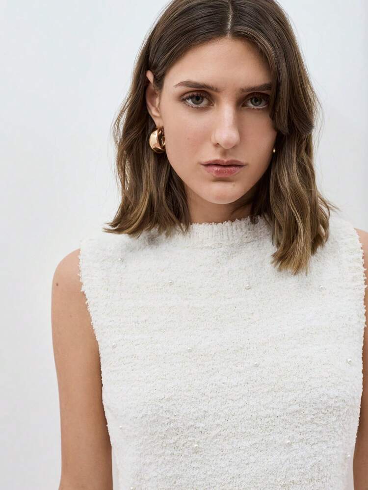 SHEIN Maija Women's Beige Studded All Season Versatile Spring/Summer Modern Urban Party Round Neck Sleeveless H-Line Pullover Cruise Outfit, Elegant Women's Concert Attire, Refined Bridesmaid Wedding Guest Knit Dress