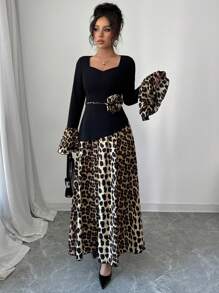 Modelyn Women's Woven Contrast Paneled Leopard Print Cinched Waist Dress - Black - View 2