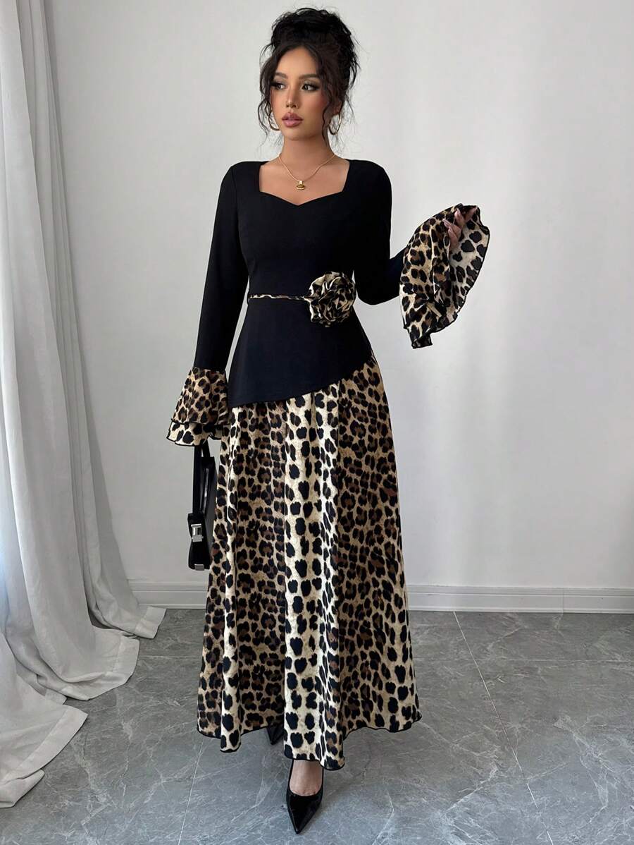 Modelyn Women's Woven Contrast Paneled Leopard Print Cinched Waist Dress