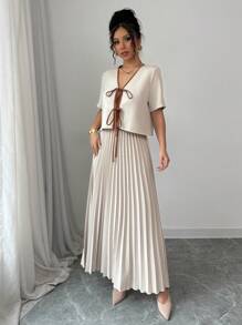 Modelyn Women Elegant Woven Colorblock Short Sleeve Tie Front 2 Pieces Set - Apricot - View 6