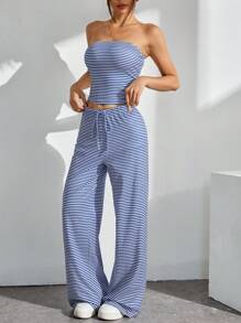 SHEIN PETITE Women Stripe Print Cropped Top And Pants 2 Pieces Set, Casual And Fitted - Blue and White - View 7