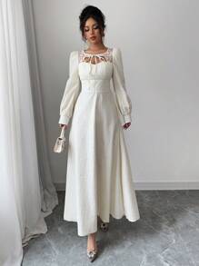 Modelyn Women's Jacquard Splicing Lace A-Line Long Sleeve Dress - Apricot - View 6