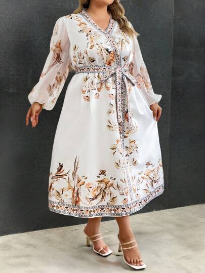 SHEIN CURVE+ CURVE PLUS /Valentine's Day/Elegant Party Occasion & Date Night Plus Size Midi Dress, Crossover V Neck With Belt, Floral Mesh Print, A-Line Flared Skirt, Spring Autumn - Z,Valentines,Rose,Heart,Polka Dot,Love,Lip,Cupid,3D Flower