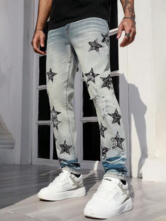 Street Life Herren Skinny Fit Jeans mit Stern Stickerei