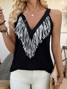 Chiquease 1st Dames Sling Top met kwastjes en ongelijke zoom, vakantie retro print