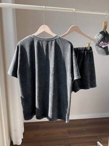 Comfortcana Conjunto de 2 piezas talla grande: Camiseta de manga corta y cuello redondo en negro y pantalones cortos, ropa de primavera-verano