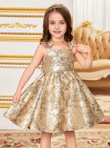 SHEIN 年轻女孩甜美可爱提花无袖公主裙 - 金色 - 查看 7