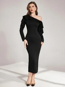 Modelyn Vestido Midi com Cintura Franzida, Recorte Assimétrico no Ombro e Babado