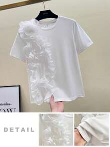 SHEIN Leap Crew Teen Girls' Spring & Summer White Knit Patchwork Loose Elegant Floral Decor Casual T-Shirt, Suitable For Resort Wear - White - View 7