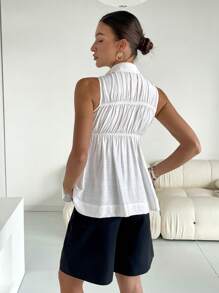 SHEIN Essnce 女士纯色系带前无袖褶皱休闲衬衫 - 白色 - 查看 4