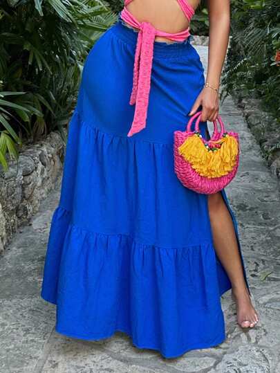 SHEIN SXY Women Solid Color Ruched Split Minimalist A-Line Skirt, Casual & Holiday,Summer Outfits For Women,Vacation Outfits Woman,Long Skirt,Boho,Beach,Sun Skirt For Women,Spring Break,Summer,Vacation,Blue,